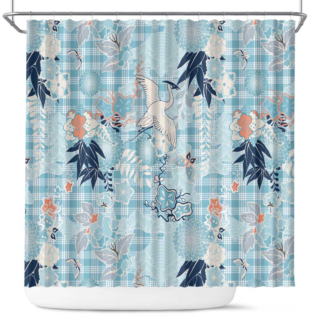Blue Palaka Crane and Flowers Shower Curtain Japan Heritage Spirit LT9 Blue - Polynesian Pride
