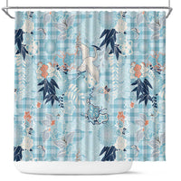 Blue Palaka Crane and Flowers Shower Curtain Japan Heritage Spirit - Polynesian Pride