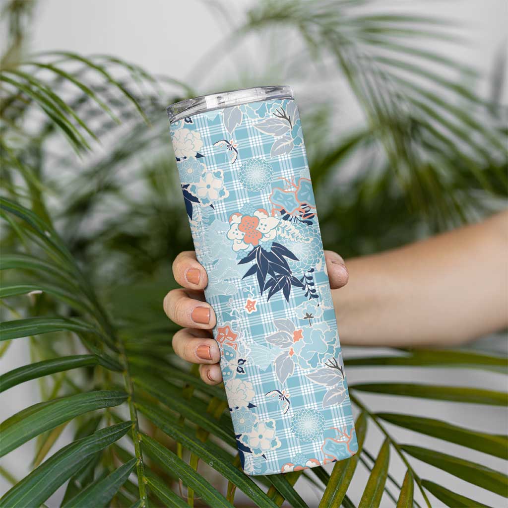 Blue Palaka Crane and Flowers Skinny Tumbler Japan Heritage Spirit - Polynesian Pride
