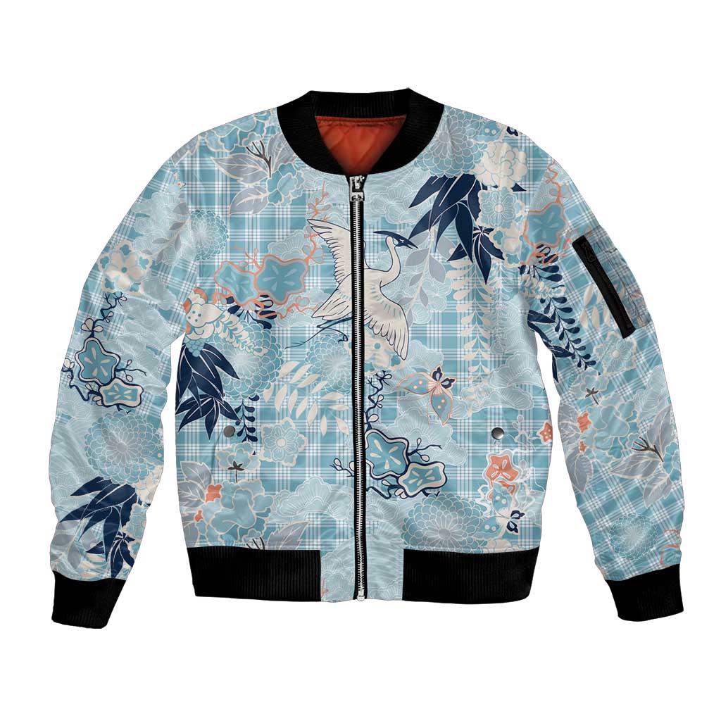 Blue Palaka Crane and Flowers Sleeve Zip Bomber Jacket Japan Heritage Spirit - Polynesian Pride