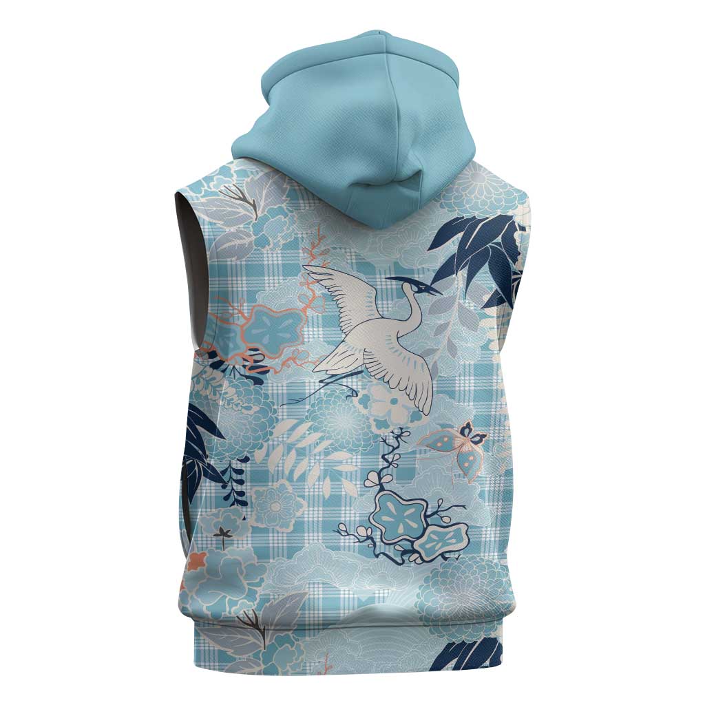 Blue Palaka Crane and Flowers Sleeveless Hoodie Japan Heritage Spirit - Polynesian Pride