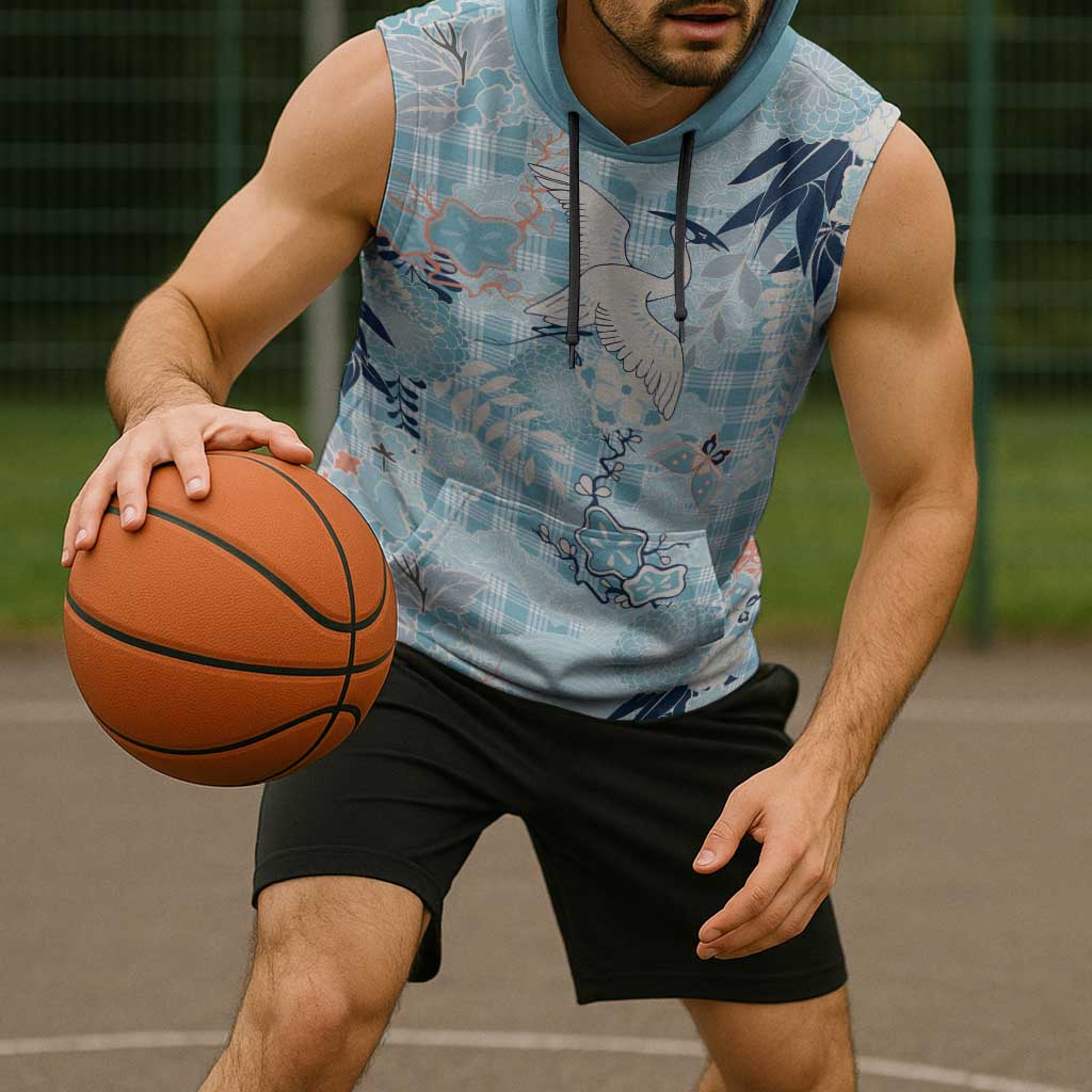 Blue Palaka Crane and Flowers Sleeveless Hoodie Japan Heritage Spirit - Polynesian Pride