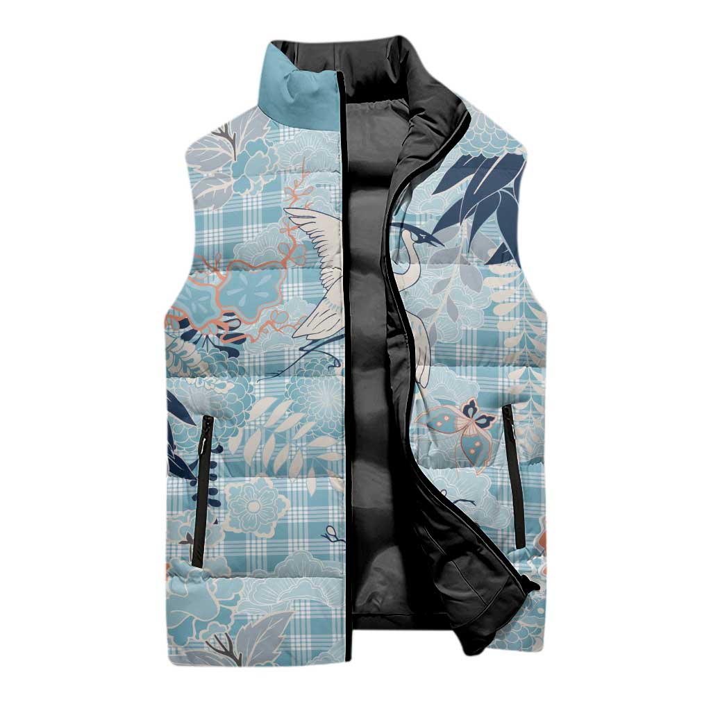 Blue Palaka Crane and Flowers Sleeveless Puffer Jacket Japan Heritage Spirit - Polynesian Pride