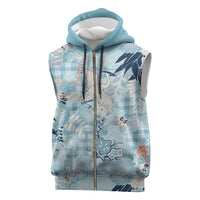 Blue Palaka Crane and Flowers Sleeveless Zip Hoodie Japan Heritage Spirit - Polynesian Pride