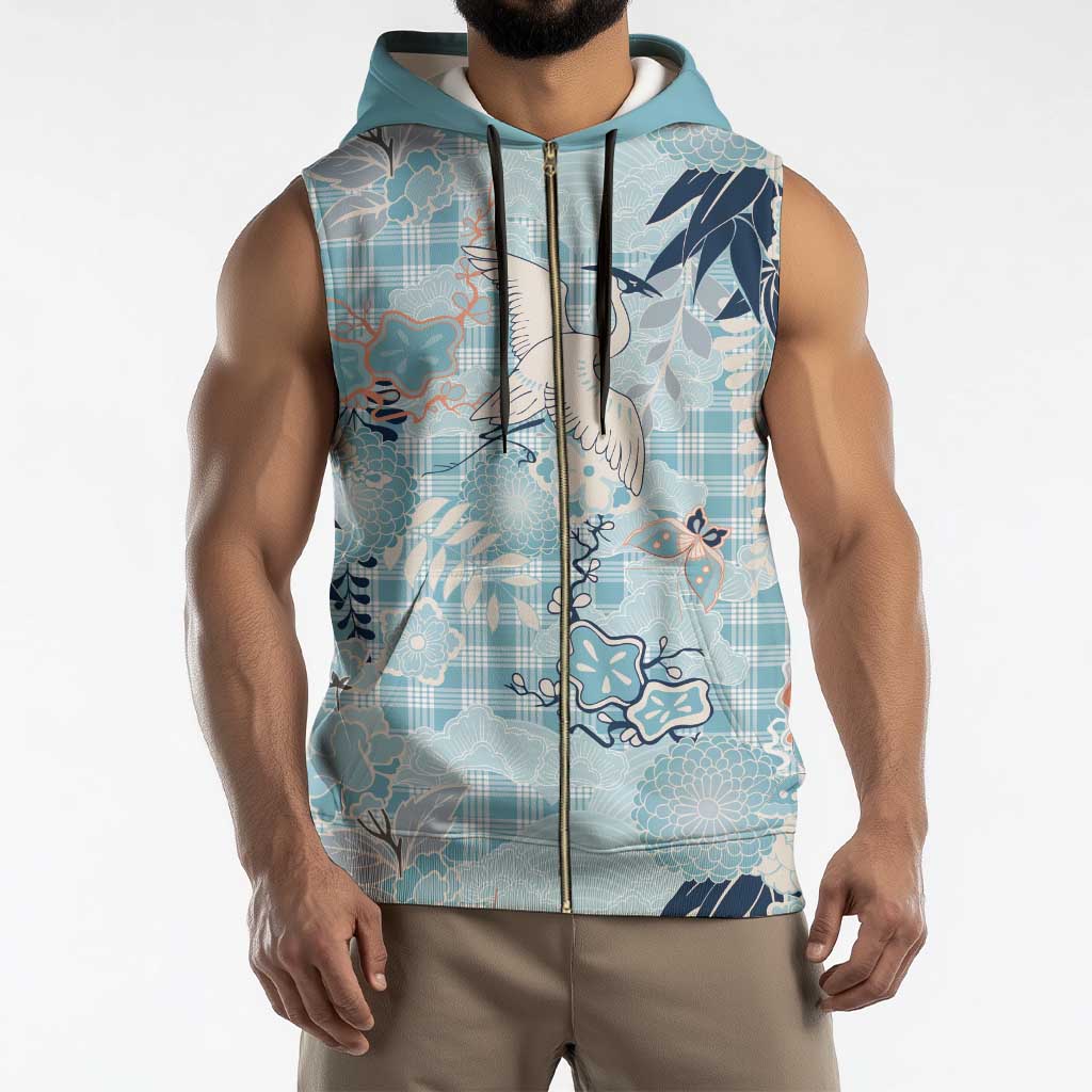 Blue Palaka Crane and Flowers Sleeveless Zip Hoodie Japan Heritage Spirit - Polynesian Pride