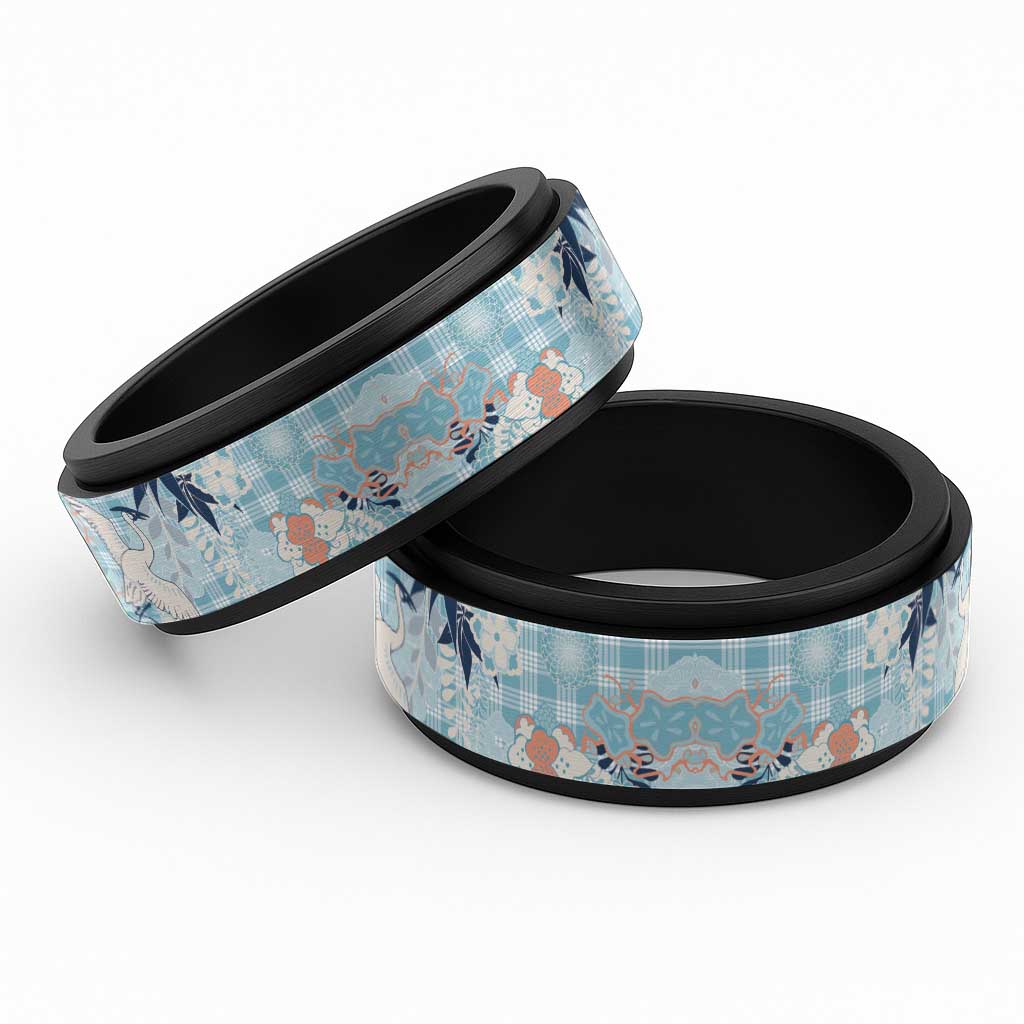 Blue Palaka Crane and Flowers Spinner Ring Japan Heritage Spirit - Polynesian Pride