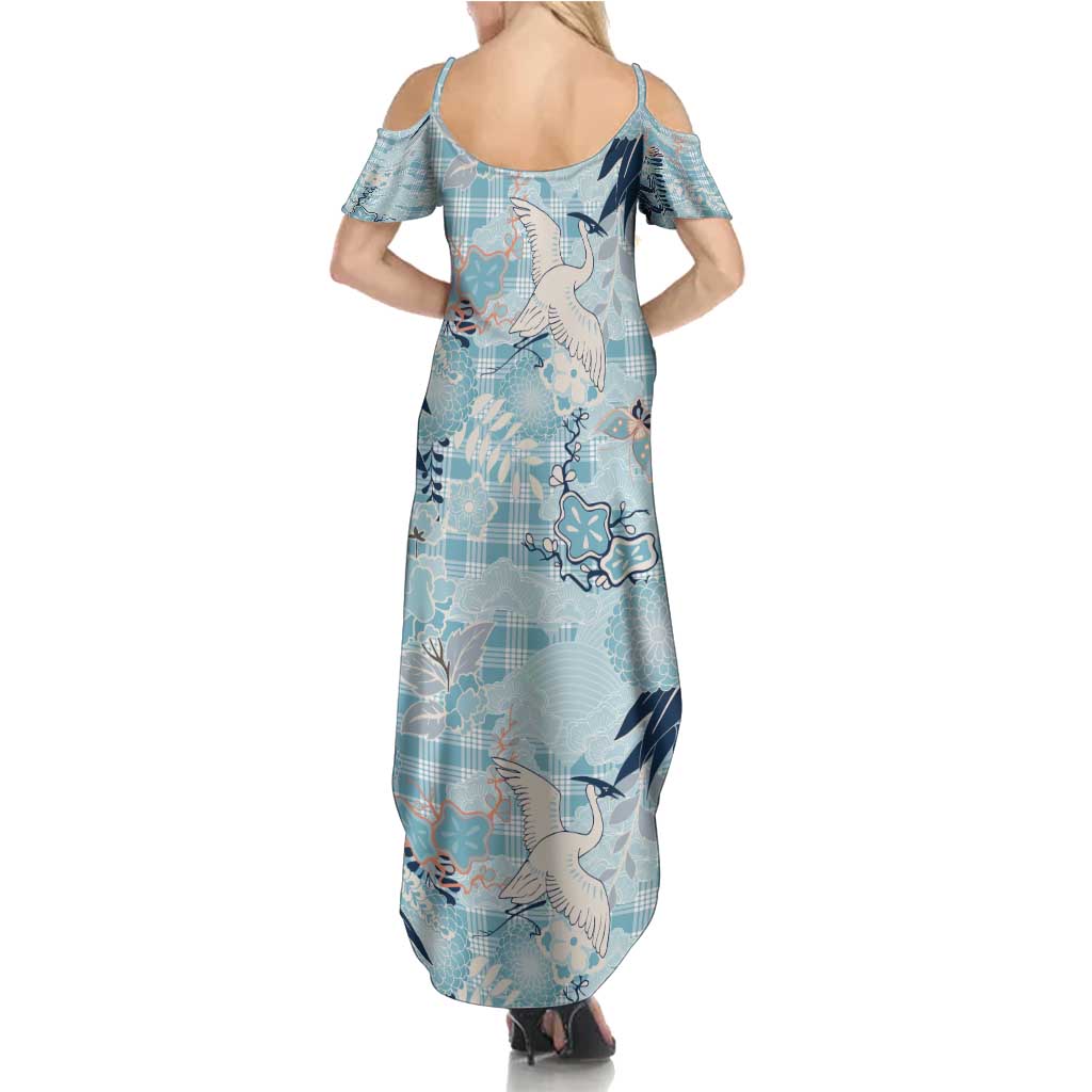 Blue Palaka Crane and Flowers Summer Maxi Dress Japan Heritage Spirit - Polynesian Pride