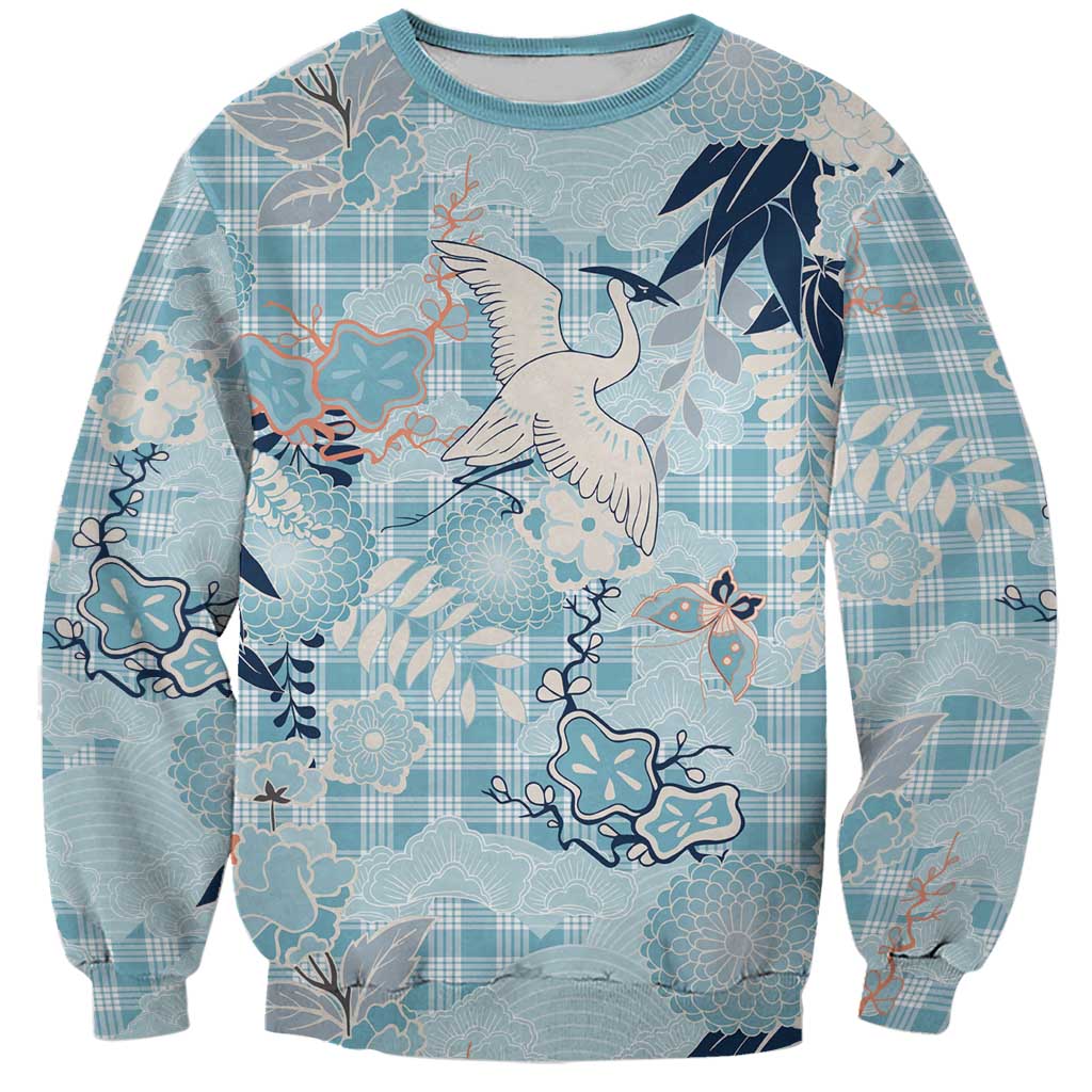 Blue Palaka Crane and Flowers Sweatshirt Japan Heritage Spirit - Polynesian Pride