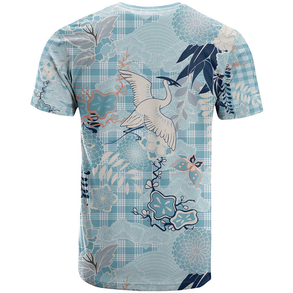 Blue Palaka Crane and Flowers T Shirt Japan Heritage Spirit - Polynesian Pride
