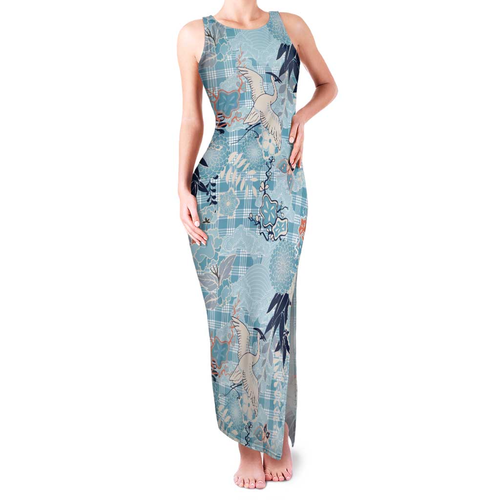 Blue Palaka Crane and Flowers Tank Maxi Dress Japan Heritage Spirit - Polynesian Pride