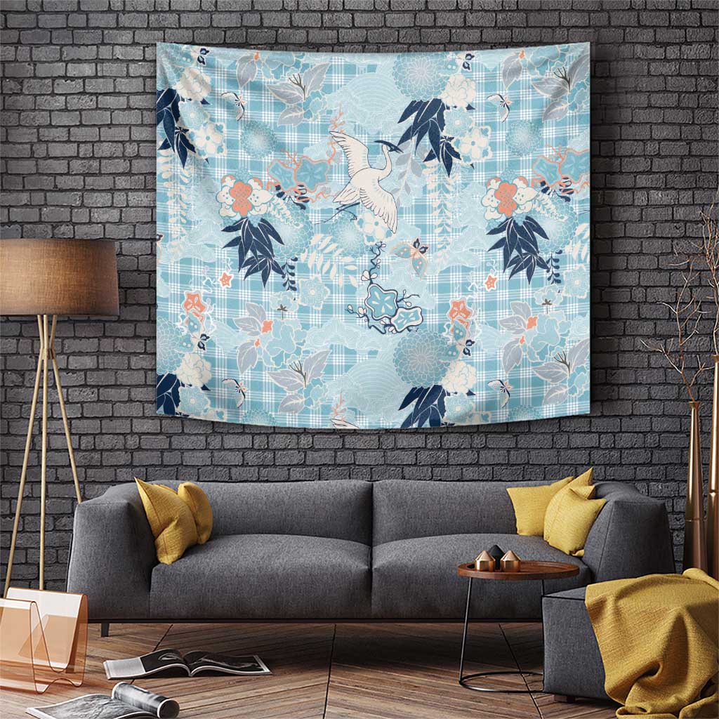 Blue Palaka Crane and Flowers Tapestry Japan Heritage Spirit LT9 Blue - Polynesian Pride