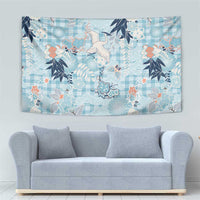 Blue Palaka Crane and Flowers Tapestry Japan Heritage Spirit - Polynesian Pride