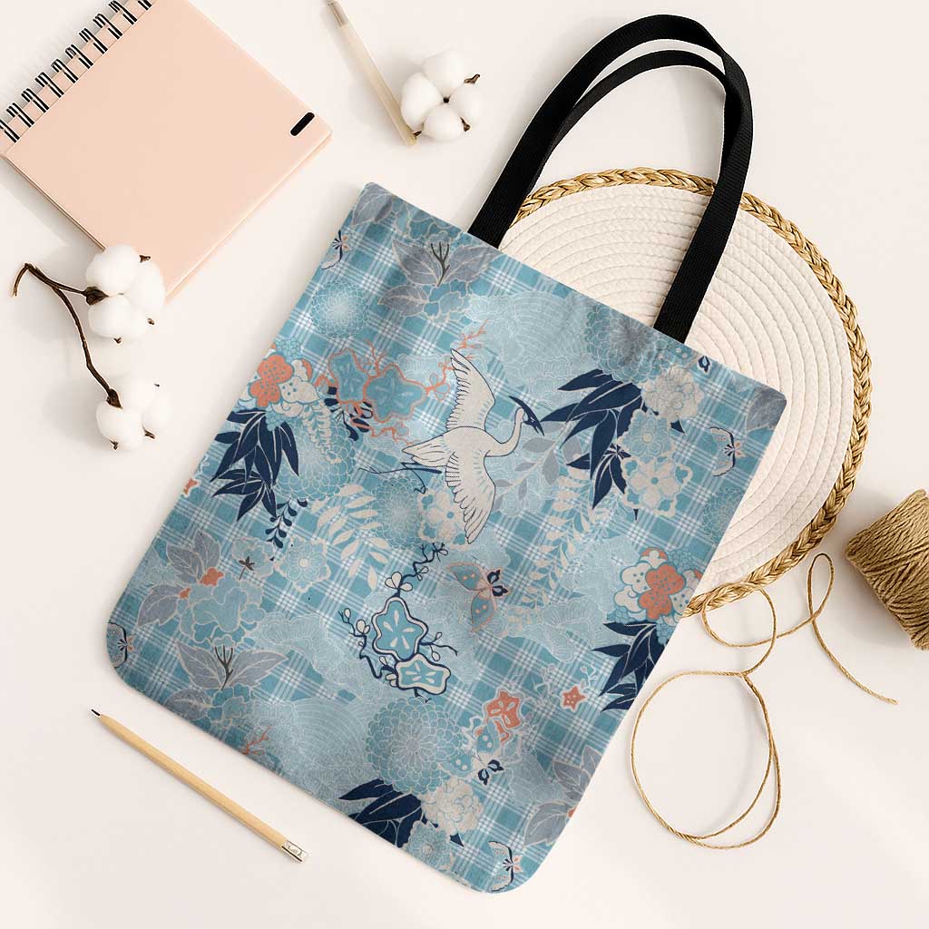 Blue Palaka Crane and Flowers Tote Bag Japan Heritage Spirit LT9 Black Strap One Size Blue - Polynesian Pride