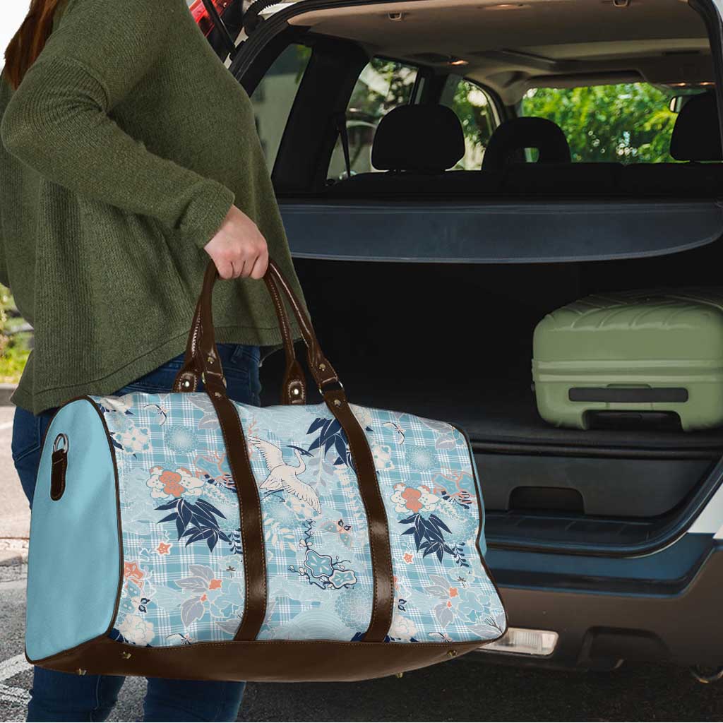 Blue Palaka Crane and Flowers Travel Bag Japan Heritage Spirit - Polynesian Pride