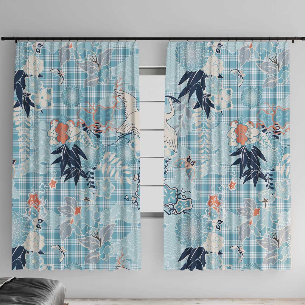 Blue Palaka Crane and Flowers Window Curtain Japan Heritage Spirit LT9 With Hooks Blue - Polynesian Pride