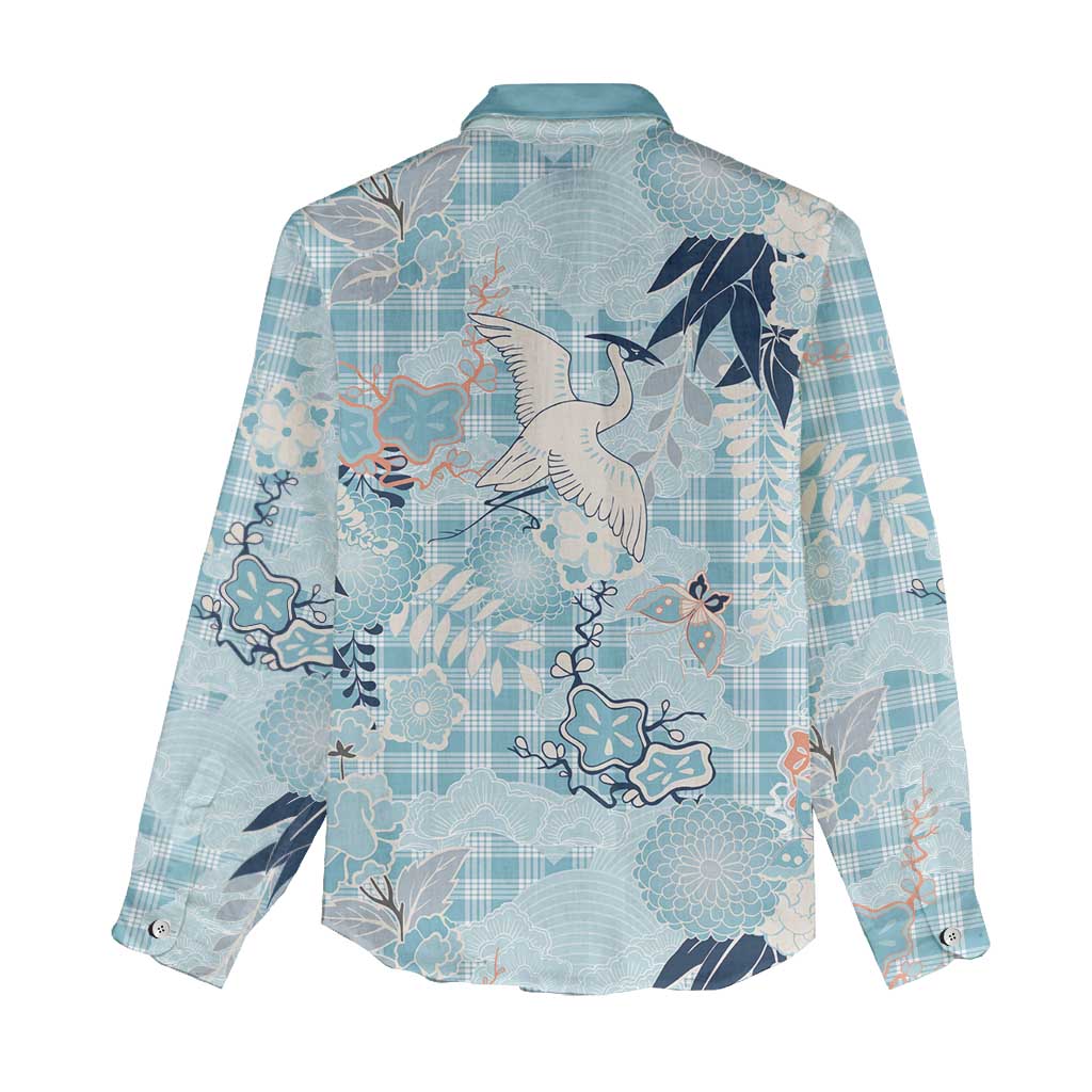 Blue Palaka Crane and Flowers Women Casual Shirt Japan Heritage Spirit - Polynesian Pride