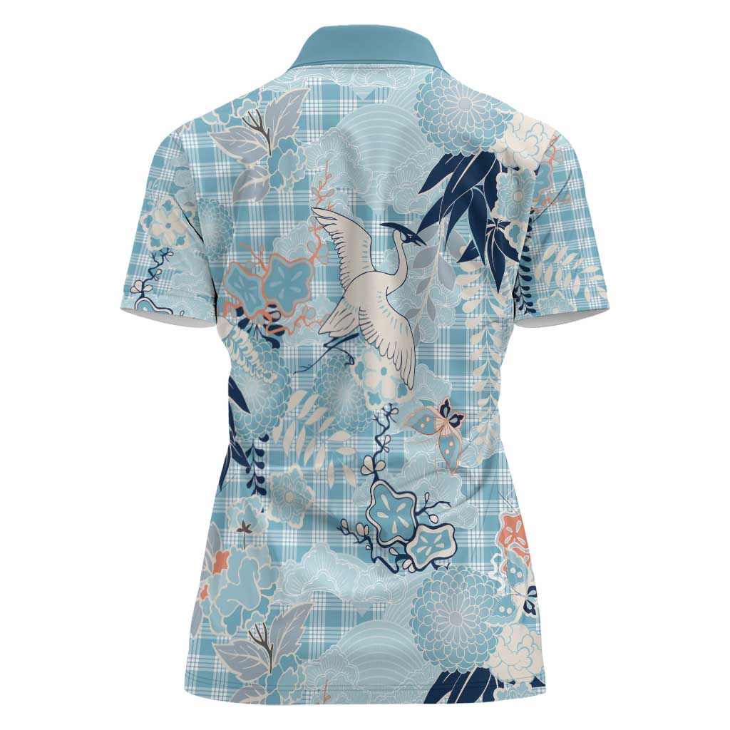 Blue Palaka Crane and Flowers Women Polo Shirt Japan Heritage Spirit - Polynesian Pride