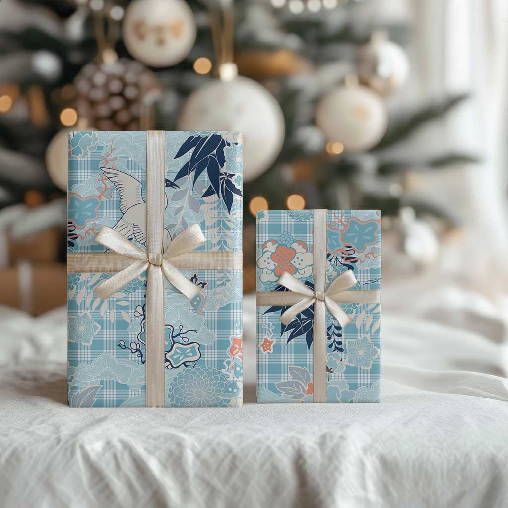 Blue Palaka Crane and Flowers Wrapping Paper Japan Heritage Spirit - Polynesian Pride