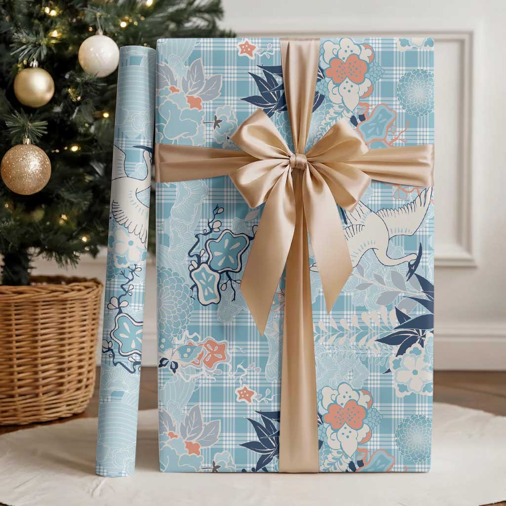 Blue Palaka Crane and Flowers Wrapping Paper Japan Heritage Spirit - Polynesian Pride