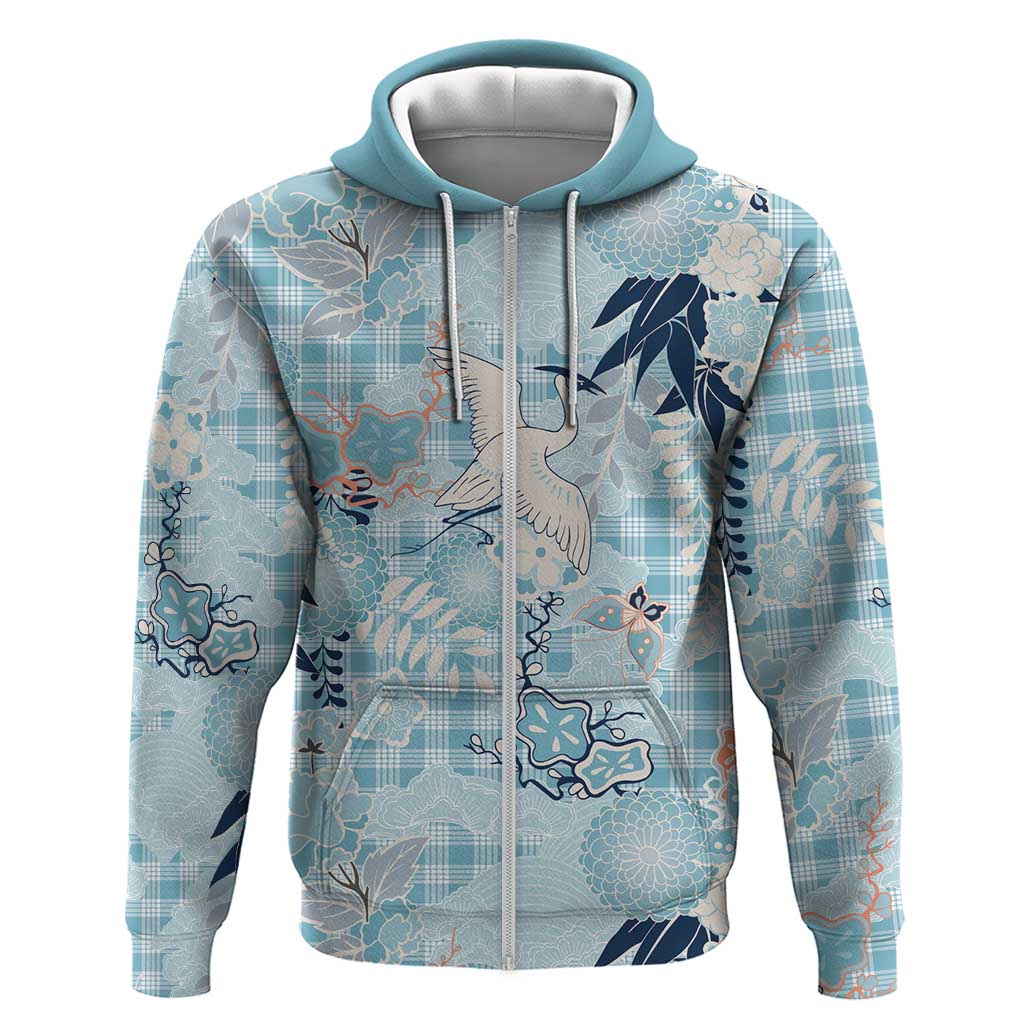 Blue Palaka Crane and Flowers Zip Hoodie Japan Heritage Spirit LT9 Zip Hoodie Blue - Polynesian Pride