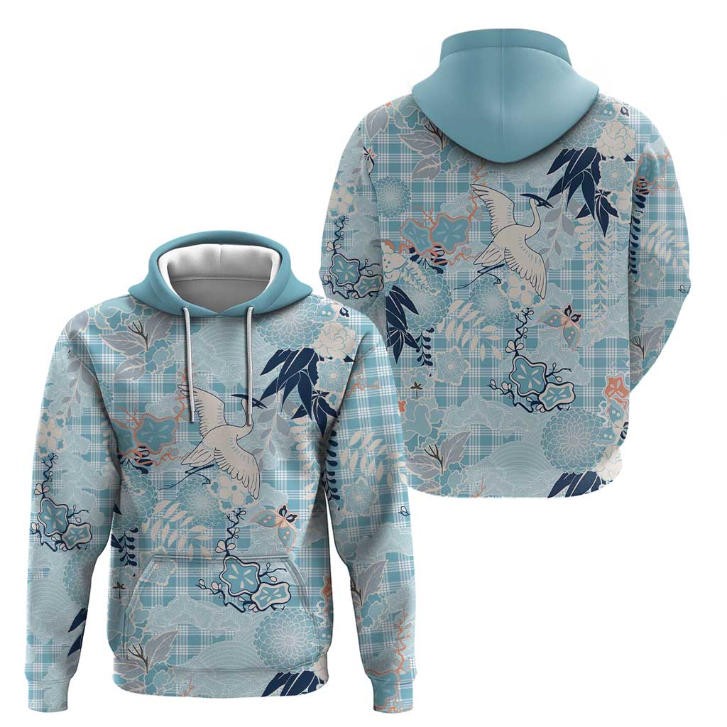 Blue Palaka Crane and Flowers Zip Hoodie Japan Heritage Spirit - Polynesian Pride