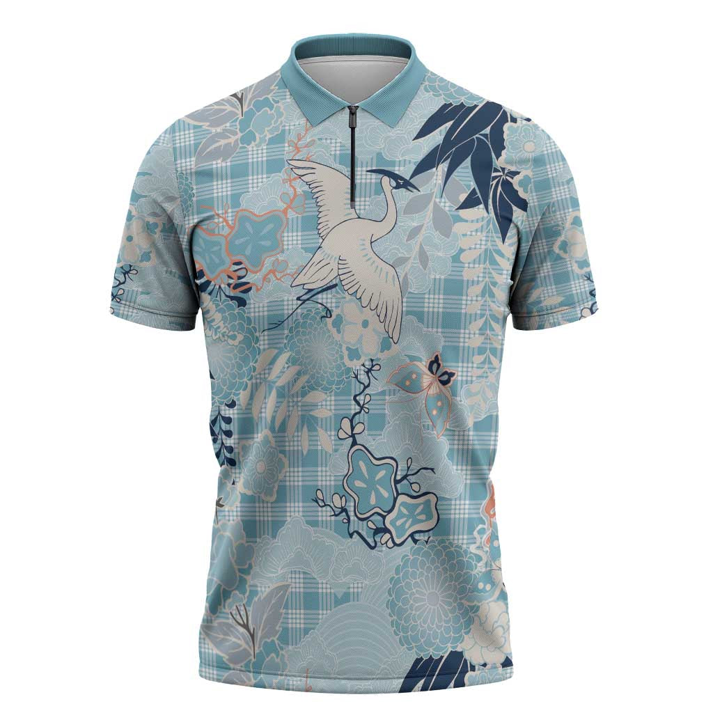 Blue Palaka Crane and Flowers Zipper Polo Shirt Japan Heritage Spirit - Polynesian Pride