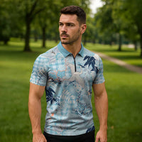 Blue Palaka Crane and Flowers Zipper Polo Shirt Japan Heritage Spirit - Polynesian Pride