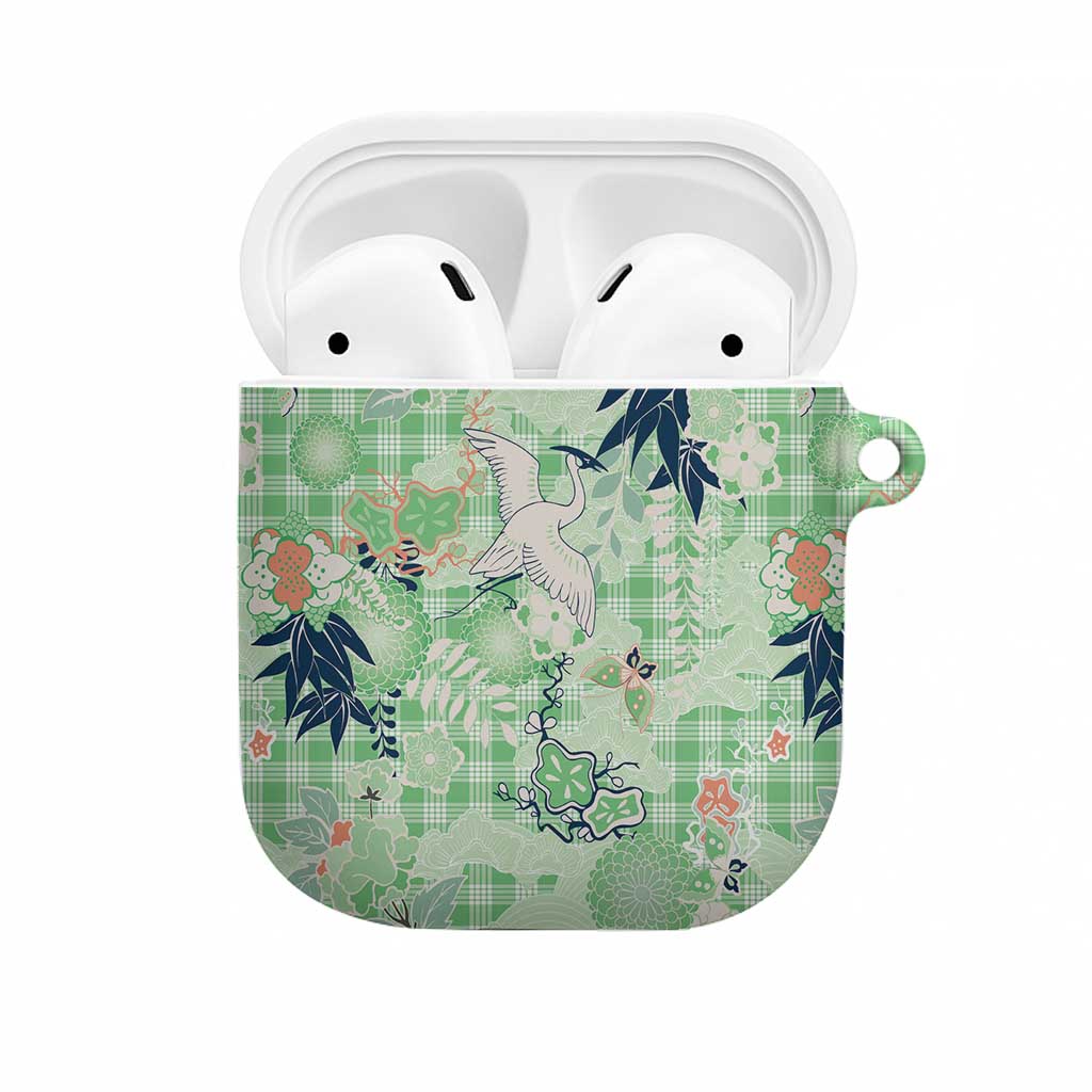 Green Palaka Crane and Flowers AirPods Case Japan Heritage Spirit - Polynesian Pride