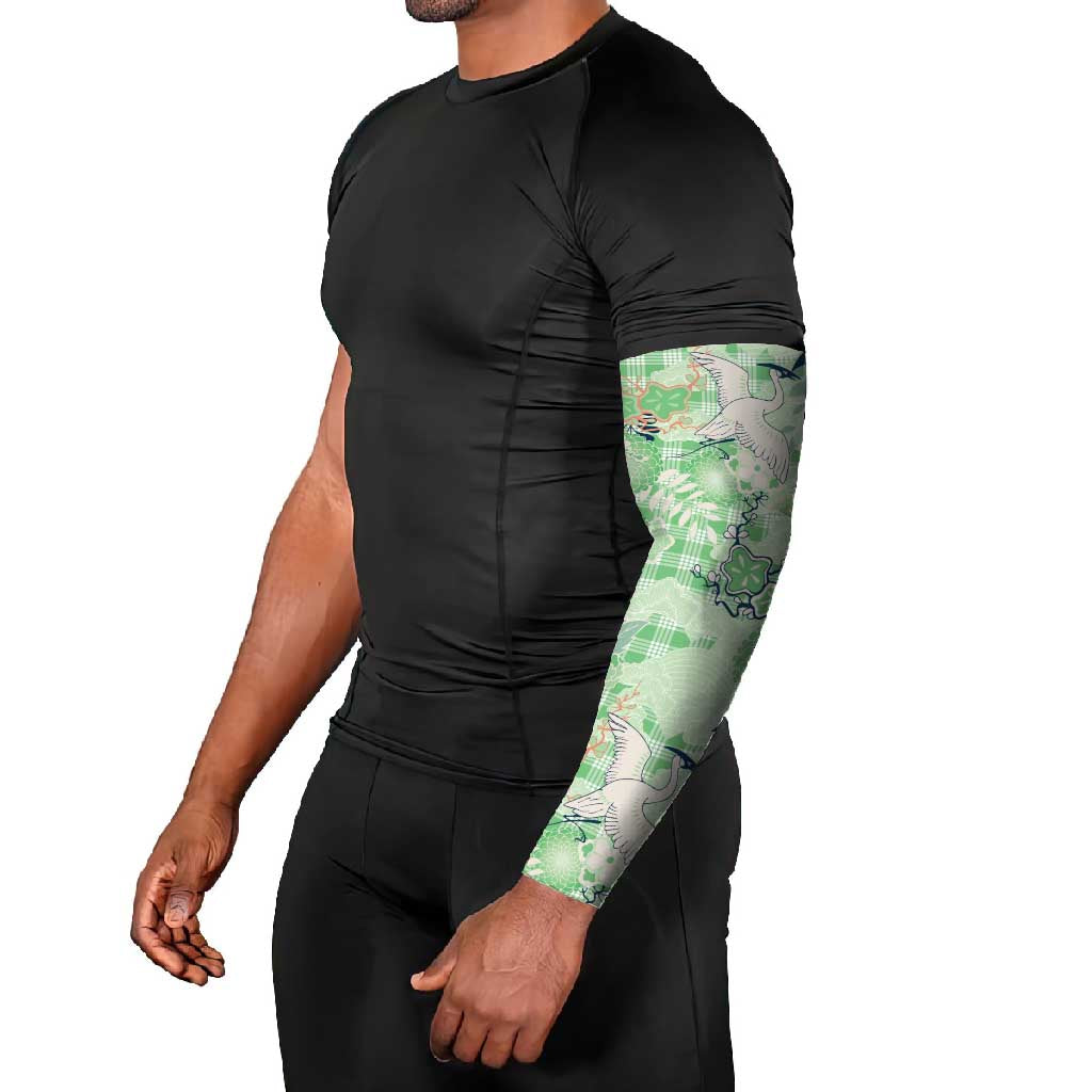 Green Palaka Crane and Flowers Arm Sleeves Japan Heritage Spirit LT9 - Polynesian Pride