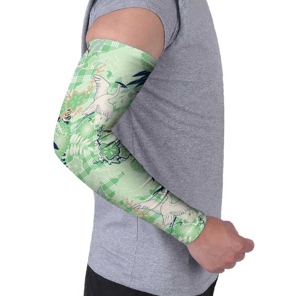Green Palaka Crane and Flowers Arm Sleeves Japan Heritage Spirit LT9 - Polynesian Pride