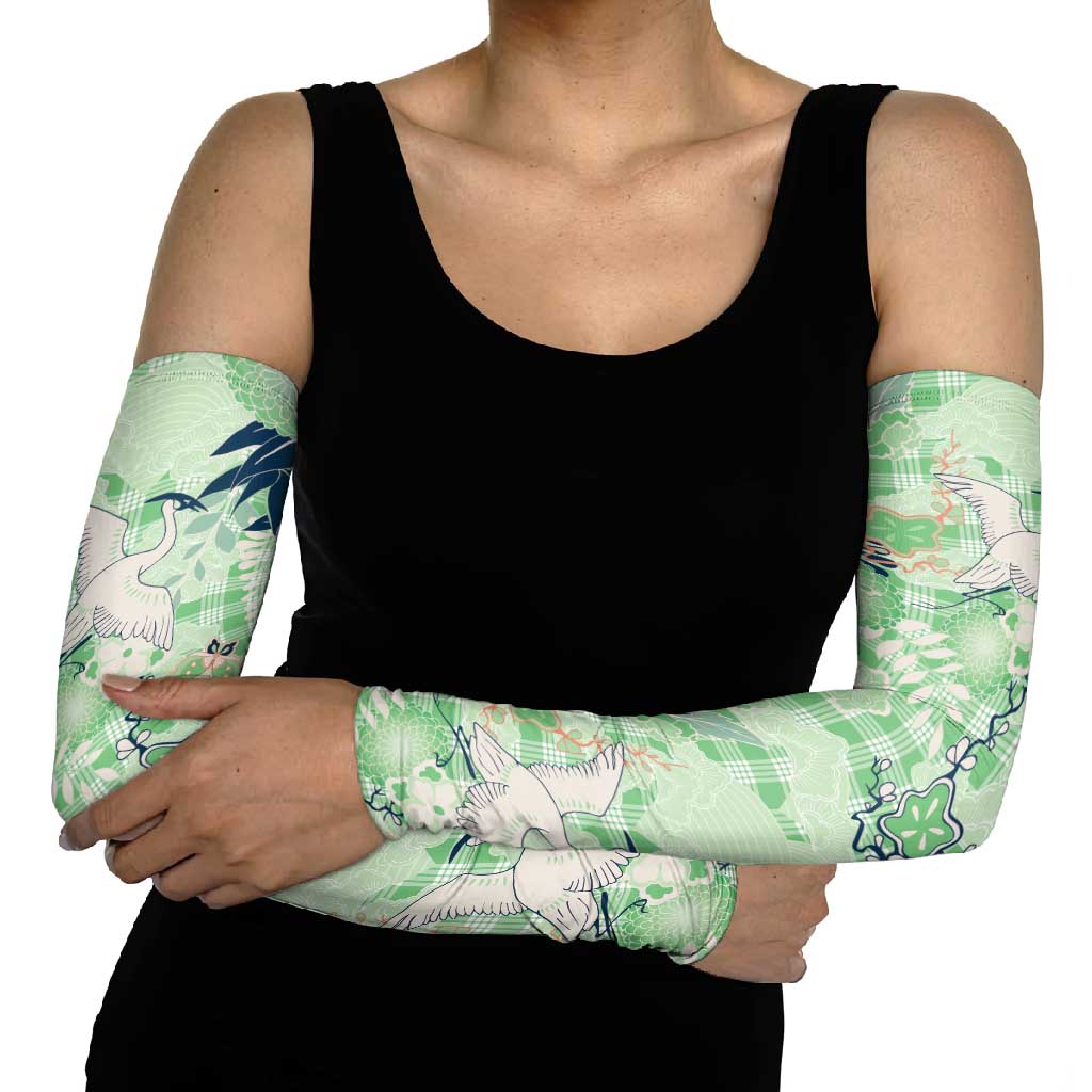 Green Palaka Crane and Flowers Arm Sleeves Japan Heritage Spirit LT9 - Polynesian Pride