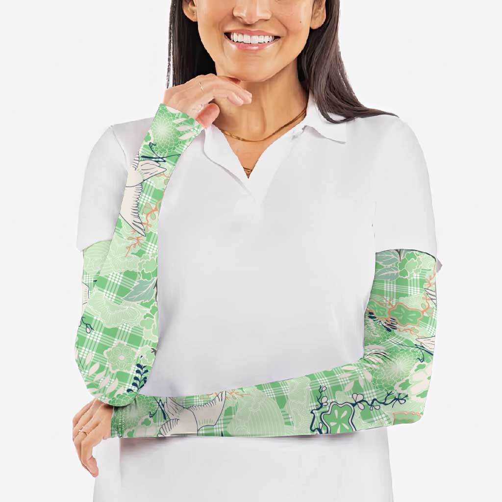 Green Palaka Crane and Flowers Arm Sleeves Japan Heritage Spirit LT9 - Polynesian Pride