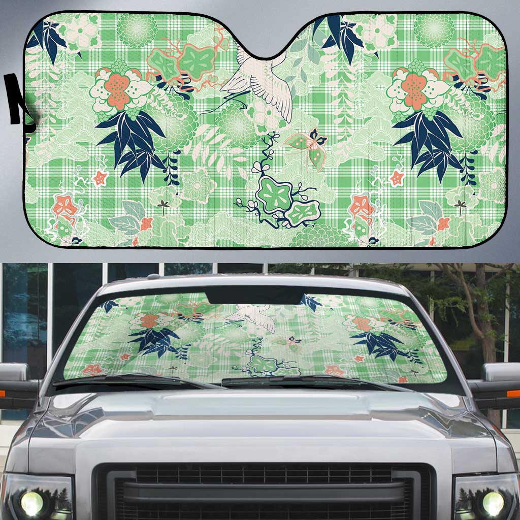 Green Palaka Crane and Flowers Auto Sun Shade Japan Heritage Spirit - Polynesian Pride
