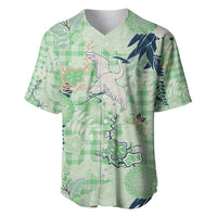 Green Palaka Crane and Flowers Baseball Jersey Japan Heritage Spirit - Polynesian Pride