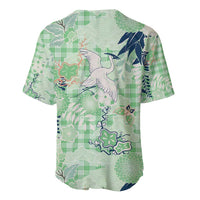 Green Palaka Crane and Flowers Baseball Jersey Japan Heritage Spirit - Polynesian Pride