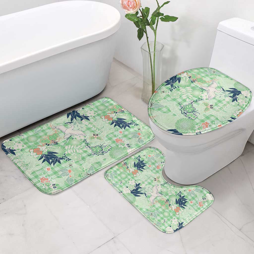 Green Palaka Crane and Flowers Bathroom Set Japan Heritage Spirit - Polynesian Pride