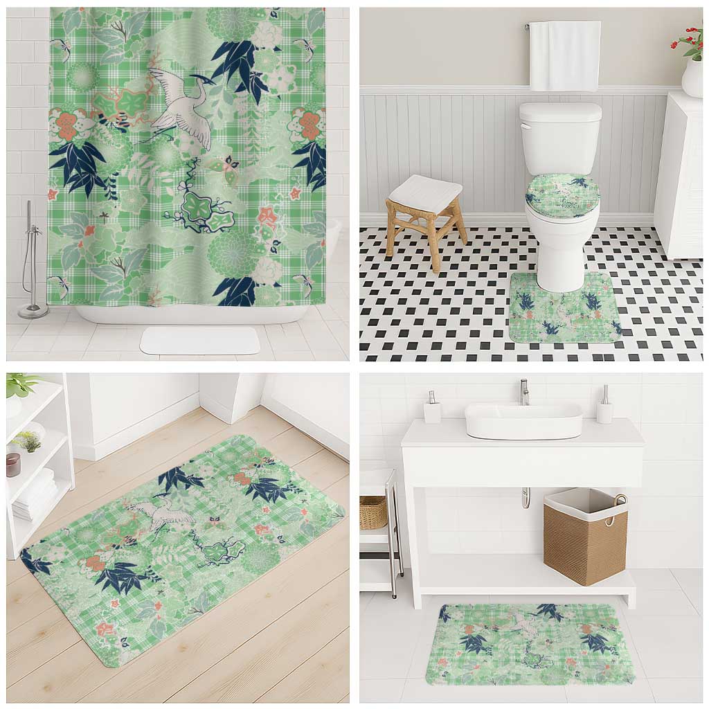 Green Palaka Crane and Flowers Bathroom Set Japan Heritage Spirit - Polynesian Pride
