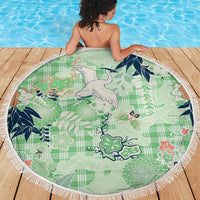 Green Palaka Crane and Flowers Beach Blanket Japan Heritage Spirit - Polynesian Pride