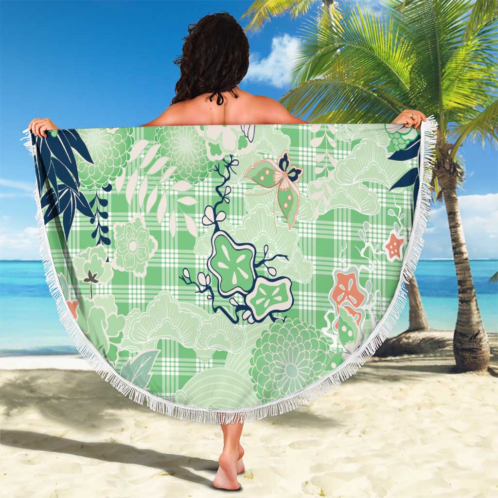 Green Palaka Crane and Flowers Beach Blanket Japan Heritage Spirit - Polynesian Pride