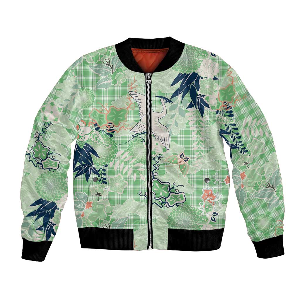 Green Palaka Crane and Flowers Bomber Jacket Japan Heritage Spirit LT9 Unisex Green - Polynesian Pride