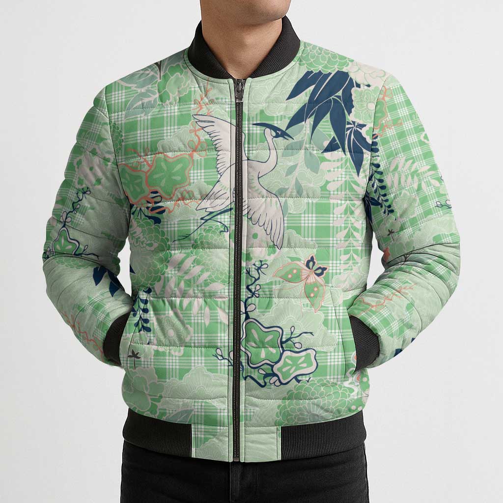 Green Palaka Crane and Flowers Bomber Puffer Jacket Japan Heritage Spirit - Polynesian Pride