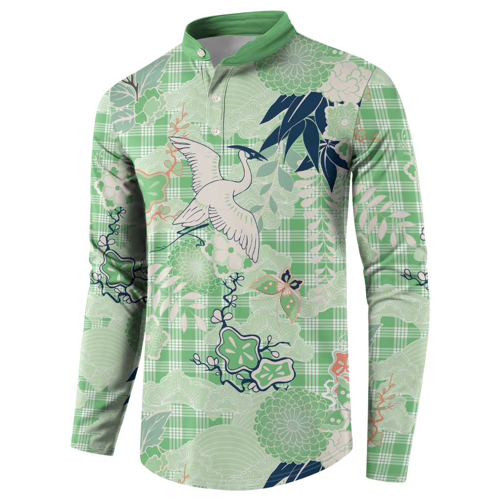 Green Palaka Crane and Flowers Button Sweatshirt Japan Heritage Spirit - Polynesian Pride