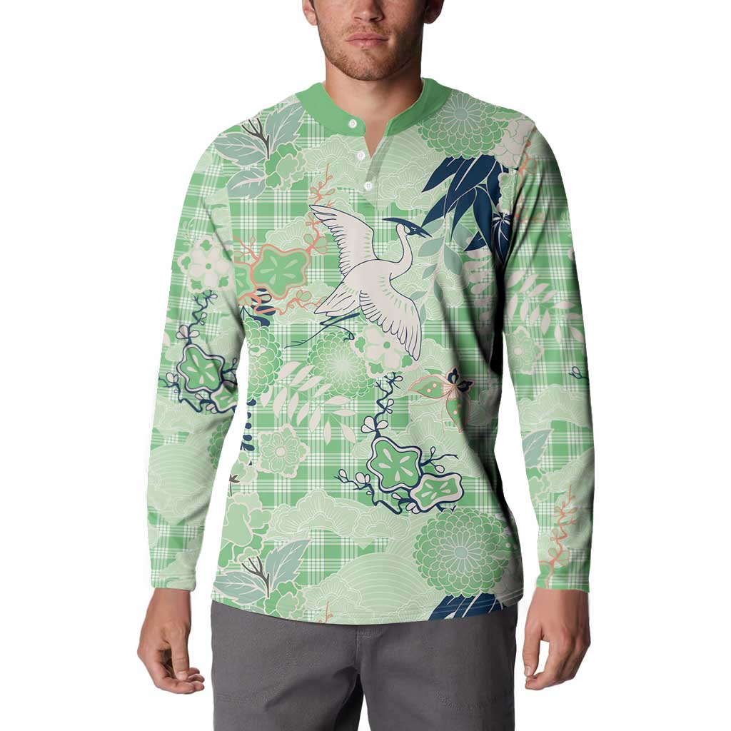 Green Palaka Crane and Flowers Button Sweatshirt Japan Heritage Spirit - Polynesian Pride