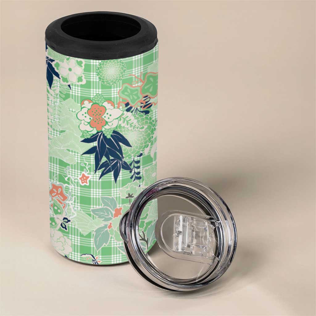 Green Palaka Crane and Flowers 4 in 1 Can Cooler Tumbler Japan Heritage Spirit - Polynesian Pride