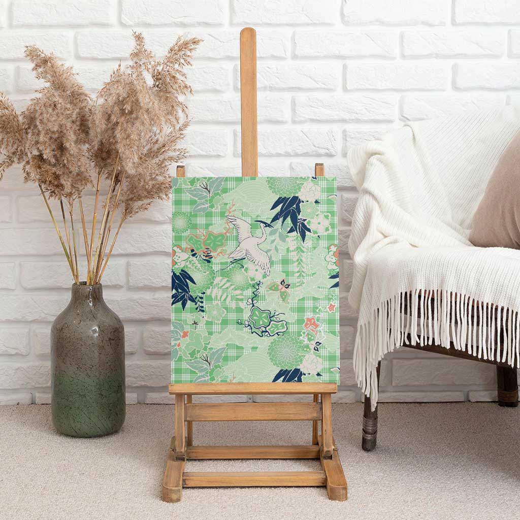 Green Palaka Crane and Flowers Canvas Wall Art Japan Heritage Spirit - Polynesian Pride