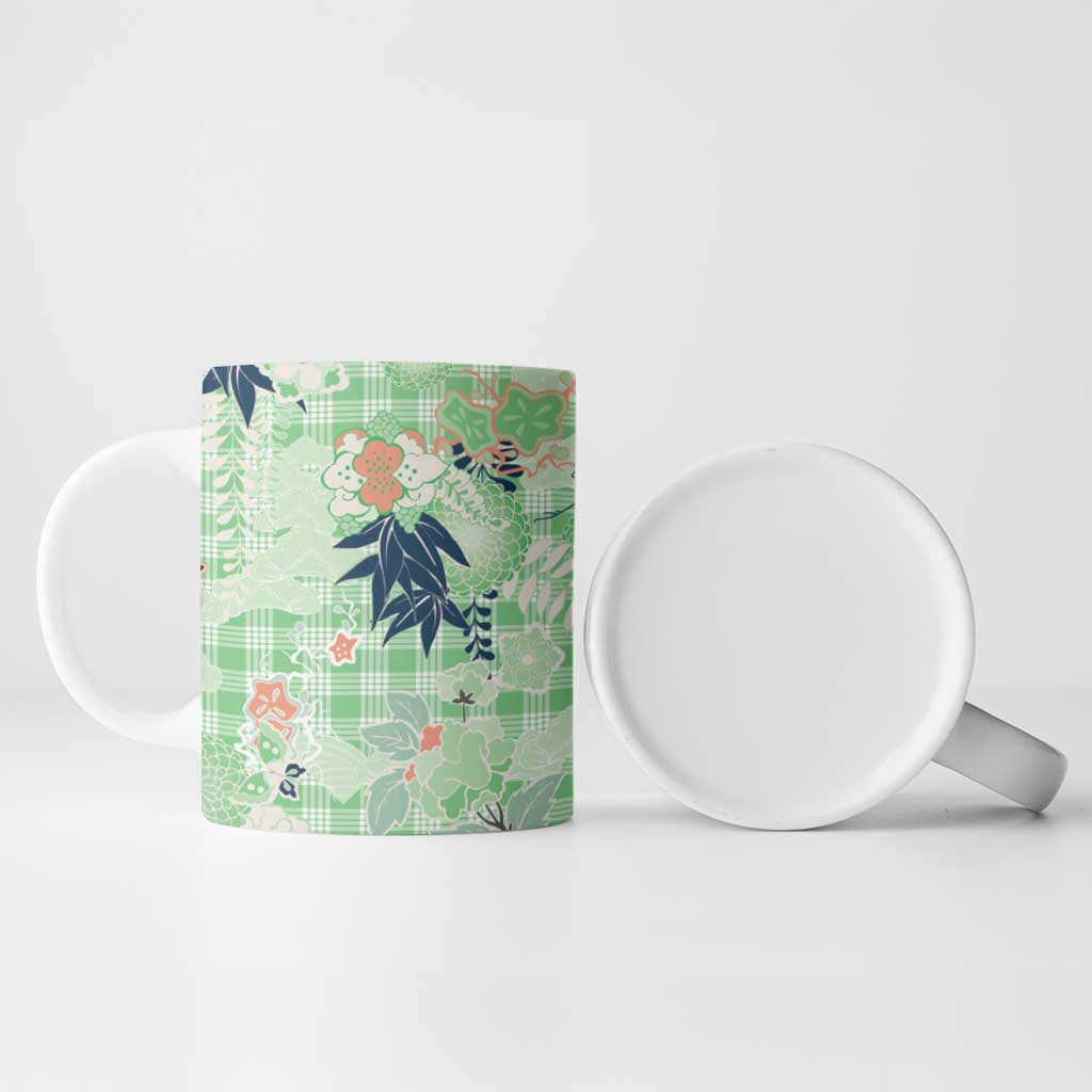 Green Palaka Crane and Flowers Ceramic Mug Japan Heritage Spirit - Polynesian Pride