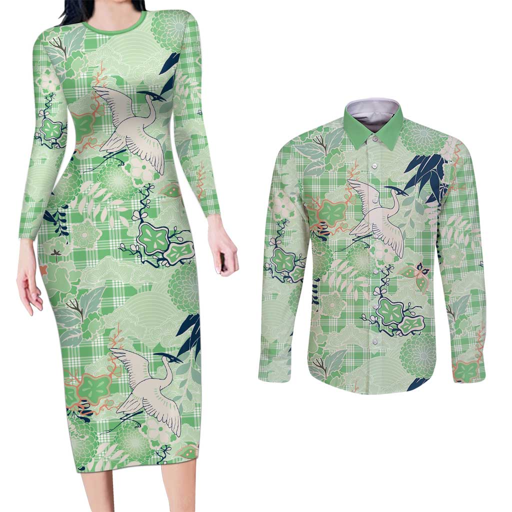 Green Palaka Crane and Flowers Couples Matching Long Sleeve Bodycon Dress and Long Sleeve Button Shirt Japan Heritage Spirit - Polynesian Pride