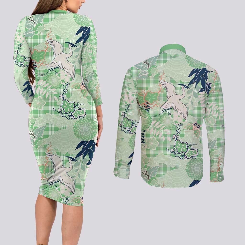 Green Palaka Crane and Flowers Couples Matching Long Sleeve Bodycon Dress and Long Sleeve Button Shirt Japan Heritage Spirit - Polynesian Pride