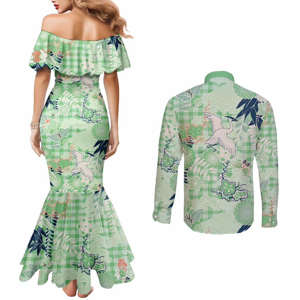 Green Palaka Crane and Flowers Couples Matching Mermaid Dress and Long Sleeve Button Shirt Japan Heritage Spirit - Polynesian Pride