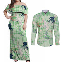 Green Palaka Crane and Flowers Couples Matching Off Shoulder Maxi Dress and Long Sleeve Button Shirt Japan Heritage Spirit - Polynesian Pride